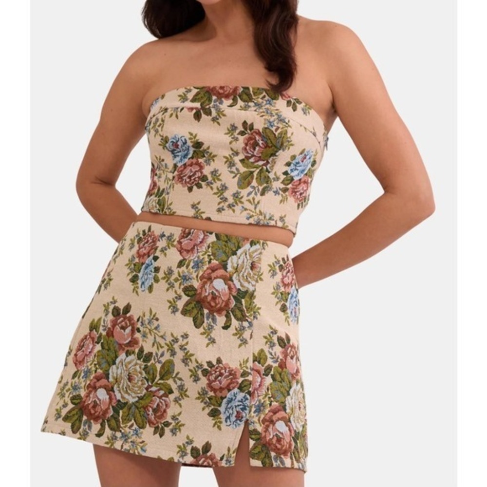 Womens M Floral‎ Brocade Skirt & Strapless Crop Barbiecore Coquette Festival Y2K